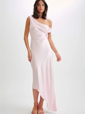 Meshki Yvette One-Shoulder Asymmetric Midi Dress in Light Pink